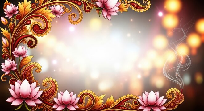 Beautiful floral frame with pink lotus flowers and traditional indian paisley patterns against a bokeh background
