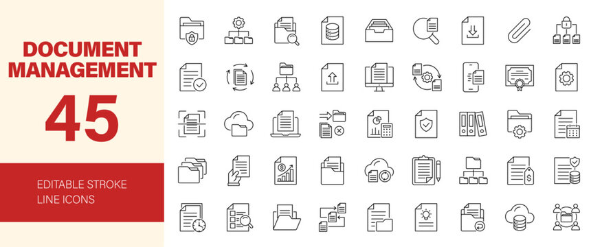 Document management icon set. Editable line icons. Vector illustration.