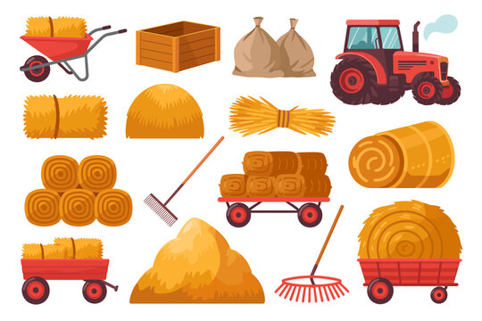 Farm tools and hay bales on white background