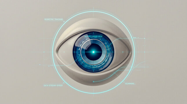 3D digital eye with glowing tracking dot, biometric concept