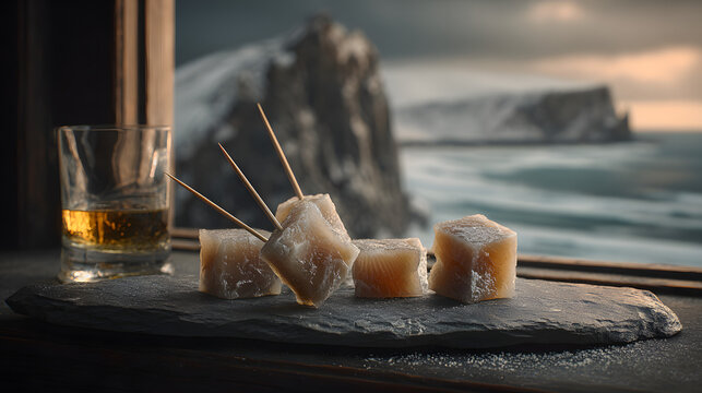 Traditional Icelandic H&aacute;karl (fermented shark) and Brenniv&iacute;n schnapps with a dramatic winter fjord view.