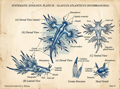 A vintage scientific plate of Glaucus atlanticus. Detailed sketches show dorsal, ventral, and lateral views of the Blue Dragon slug on aged paper.