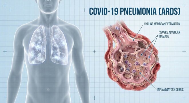 COVID-19 Pneumonia ARDS, Human Lungs, Alveoli Damage Illustration.