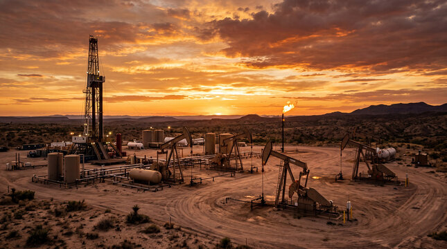 Background oil pumps mining natural gas at sunset concept. Oil drilling facility at sunset in a vast desert landscape.