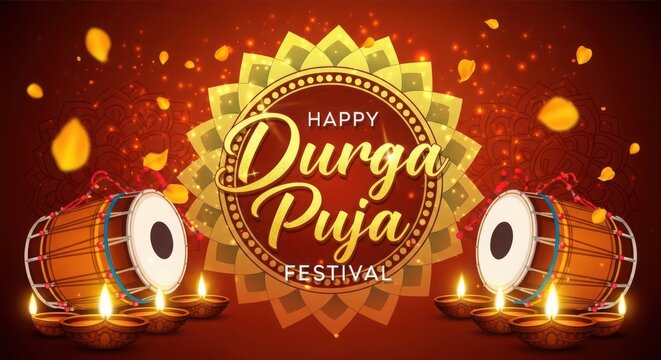 Happy durga puja festival greeting card background with traditional dhak drums and glowing diya lamps