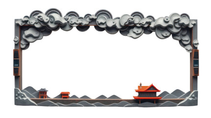 Obraz premium Oriental Decorative Frame with Traditional Architecture and Tranquil Landscape on Transparent Background