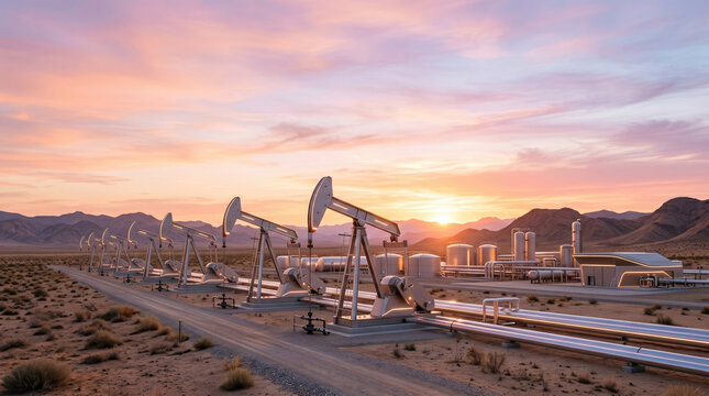 Background oil pumps mining natural gas at sunset concept. Oil pump jacks operate under a colorful sunset in a desert landscape.