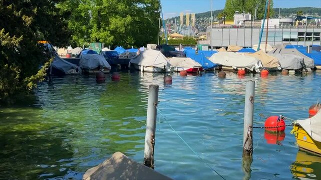 A high definition cinematic view of lake Zurich in the summer time.