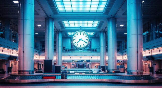 A prominent analog clock hangs centrally within a massive terminal hall, marking a designated gathering spot near luggage and grand pillars, tourism, glass, transit