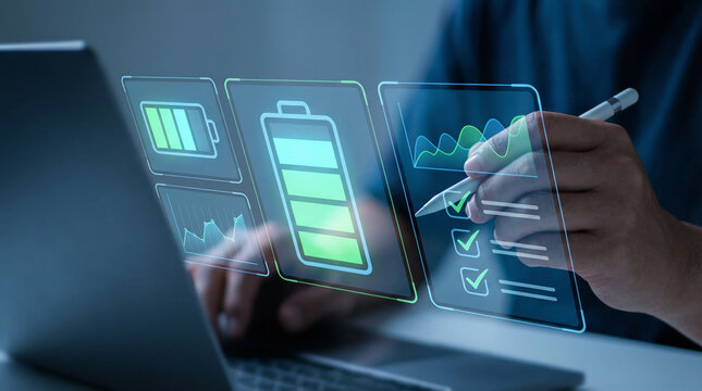 Engineer monitoring battery storage levels with holographic energy charts and verification checklist