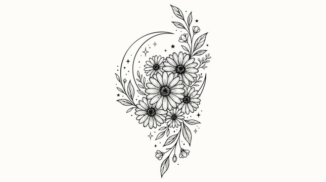 Black and white floral crescent moon, bohemian botanical illustration, line art flowers, crescent moon decoration