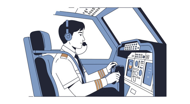 Pilot flying airplane cockpit, aviation control panel, headset, uniform, travel concept