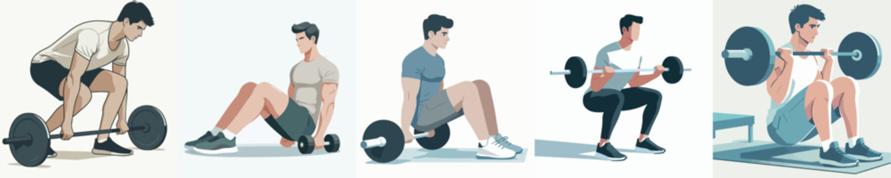 Illustration of a man performing deadlift exercise with dumbbells in various stages.