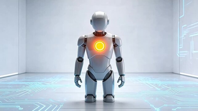 Robot with glowing core in futuristic room