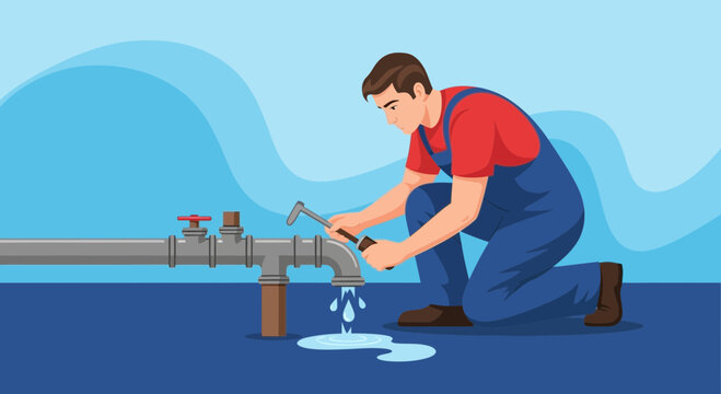 Plumber fixing a leaky pipe with a wrench, water drops falling.