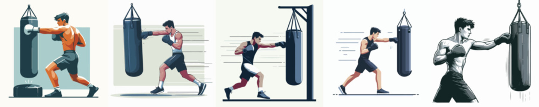 People engaging in boxing exercises with punching bags.