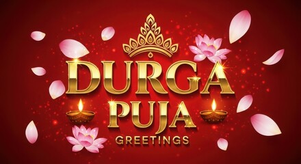Naklejka premium Durga puja greeting card with golden text, lotus flowers, and traditional oil lamps on a red background