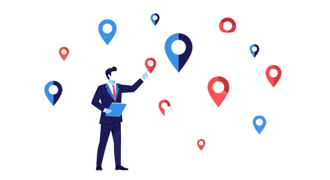 Businessman selects location pin on map with multiple points of interest
