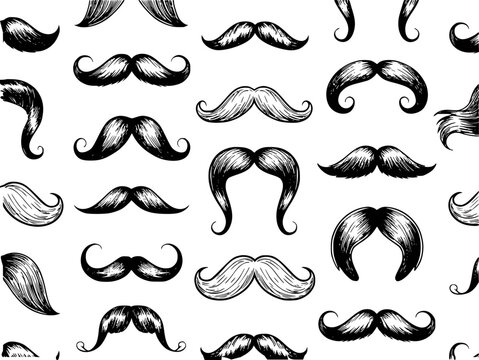 Black and white vintage mustache pattern, hand-drawn style, isolated white background
