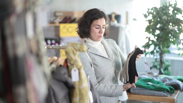 Focused female client choosing warm gloves for winter season in modern clothing store