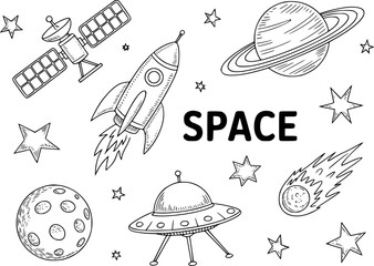 Hand-drawn space rocket, ufo, satellite, planets, stars, and comet © Abdullah_43