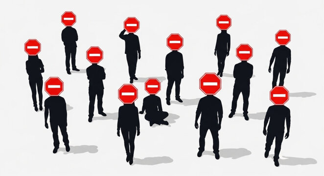 Group of people with stop signs for heads representing restriction.