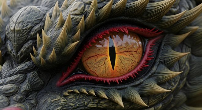 Close up macro shot of a fearsome dragon eye with sharp scales.