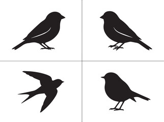 Fototapeta premium Collection of four bird silhouettes: two small birds perched and two in flight with black and white cut out bird watching silhouette wildlife illustration