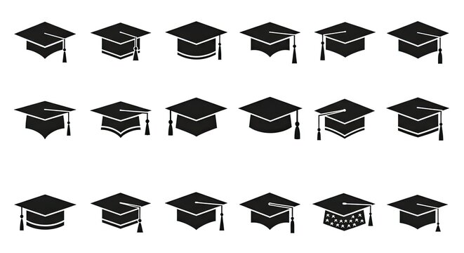 Black graduation cap icon set for education and ceremony