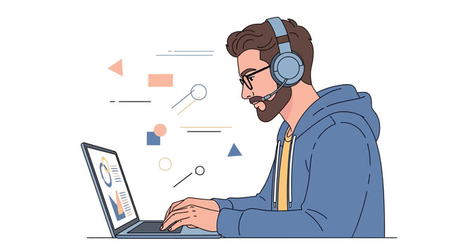 Tech support operator working on laptop with headset, online communication