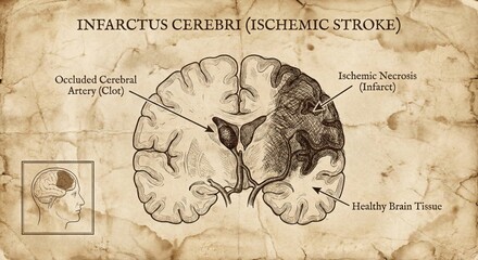 Obraz premium Detailed Ischemic Stroke Brain Infarct Diagram Medical Illustration.