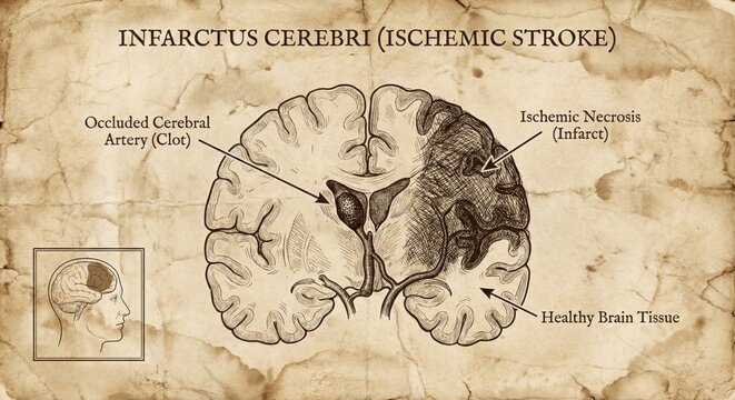 Detailed Ischemic Stroke Brain Infarct Diagram Medical Illustration.