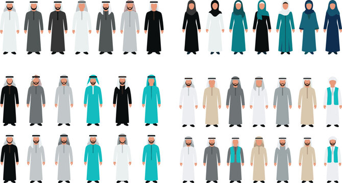Professional collection of Arab people characters standing in traditional clothing, diverse Muslim men and women wearing thobes and hijabs, Middle Eastern community vector set for commercial design pr