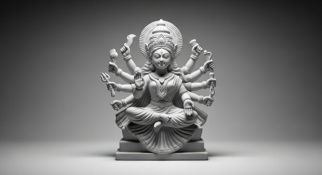 Statue of hindu goddess durga with ten arms holding weapons, sitting in a meditative pose on a pedestal