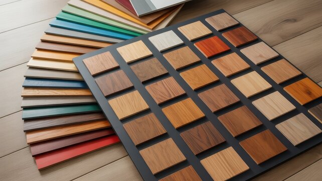 Selection of wood flooring and laminate samples on a wooden surface for interior design renovation