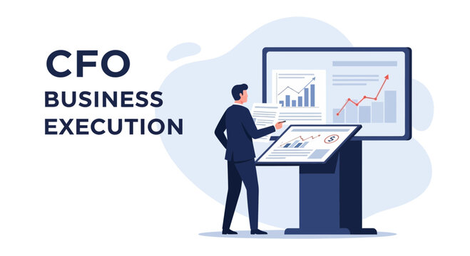 CFO analyzes financial reports and charts on a digital display and interactive screen.
