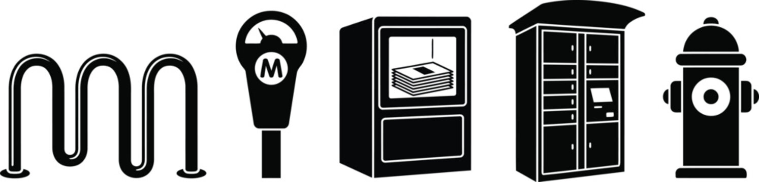 Public infrastructure vector illustration set featuring bike rack parking meter cash machine parcel locker and fire hydrant as essential urban street furniture objects icons.