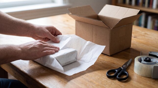 Person wrapping a package with paper