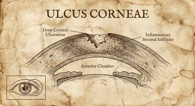 Vintage Medical Illustration Cornea Ulcer Eye Anatomy Diagram.