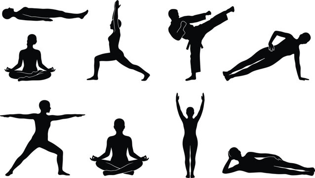 Professional collection of female silhouettes performing diverse yoga poses, meditation exercises, martial arts kicks, and fitness stretches for wellness and healthy lifestyle design concepts.