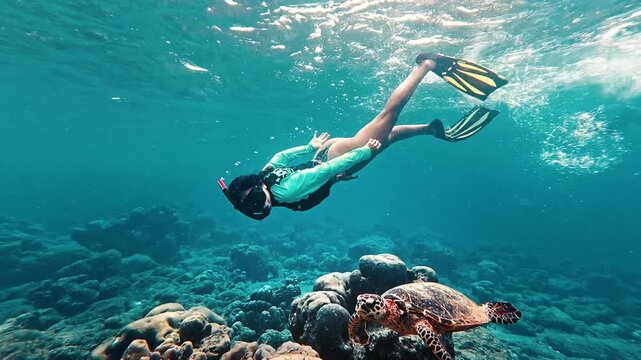 Young woman snorkeling in crystal clear water with a sea turtle.