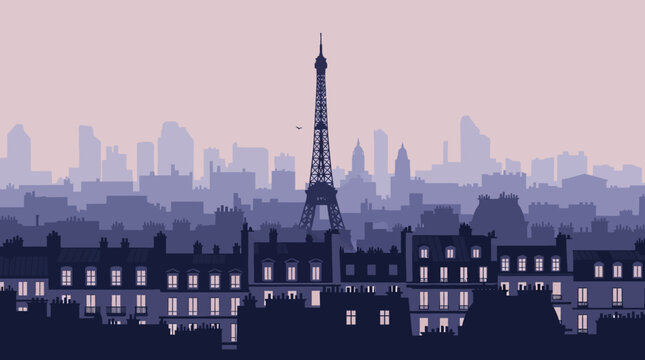 Stylized Parisian cityscape at twilight, showcasing the iconic landmark and historic architecture with glowing windows and a serene urban atmosphere
