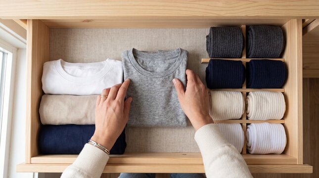 Person organizing clothes in a drawer