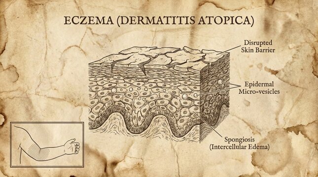 Detailed Eczema Skin Diagram, Medical Condition Illustration, Dermatitis Atopica.