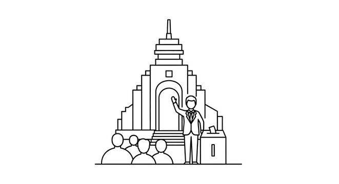 Politician greeting voters near ballot box and city monument