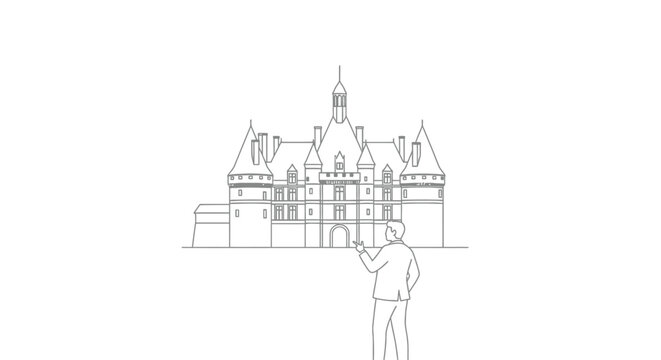 Man standing and looking at a historic castle with many turrets