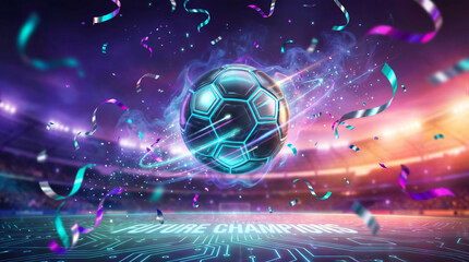 Fototapeta premium Glowing futuristic soccer ball floating in a stadium with flying confetti and neon light effects, vibrant sports action scene