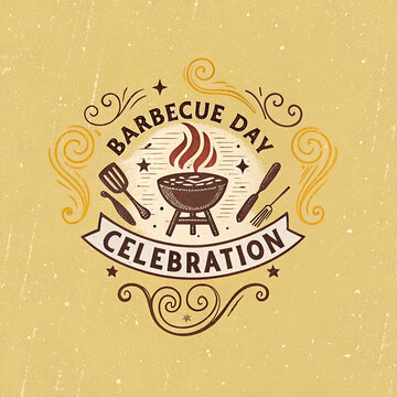 Barbecue day celebration vintage logo with decorative swirls and grill kettle on textured background.