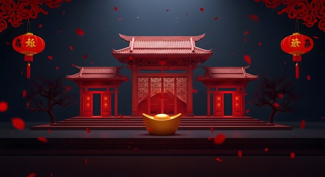 Chinese New Year Background with Traditional Temple Gate and Golden Ingot.