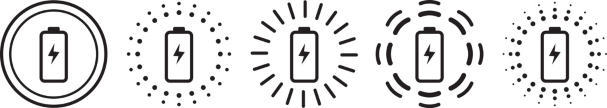 Wireless charger battery. Glowing symbols with lightning bolts. Electromagnetic charger icons. Electric charge pictogram, thunder warning design. Thunderbolt simple logo, light flash, fast battery cha